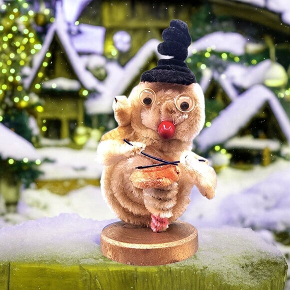 Vintage 1950s Chenille Snowman Ornament Red Nose Hat Scarf Drum Putz Japan - Picture 1 of 9